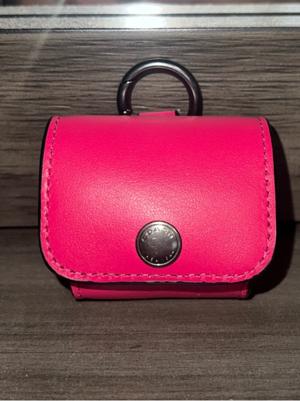Coach Hot Pink Leather Keychain AirPod Case with Metal Ring